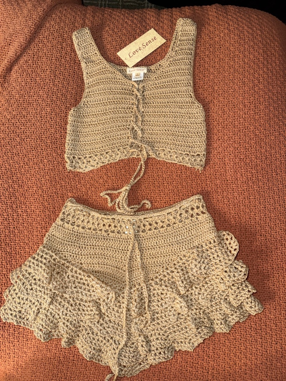 🤎🏜️Love Sense Beige Crochet Crop Top & Ruffle Shorts Set
